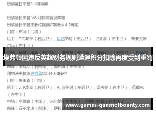 埃弗顿因违反英超财务规则遭遇积分扣除再度受到重罚