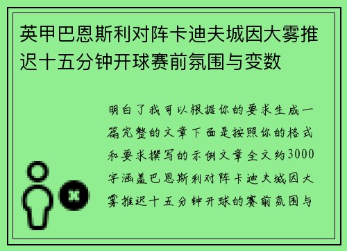 英甲巴恩斯利对阵卡迪夫城因大雾推迟十五分钟开球赛前氛围与变数